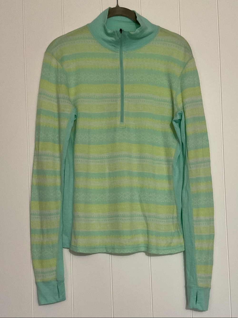 Dakini L Women’s Wool Blend Mint Green and Yellow Striped Half-Zip Pullover